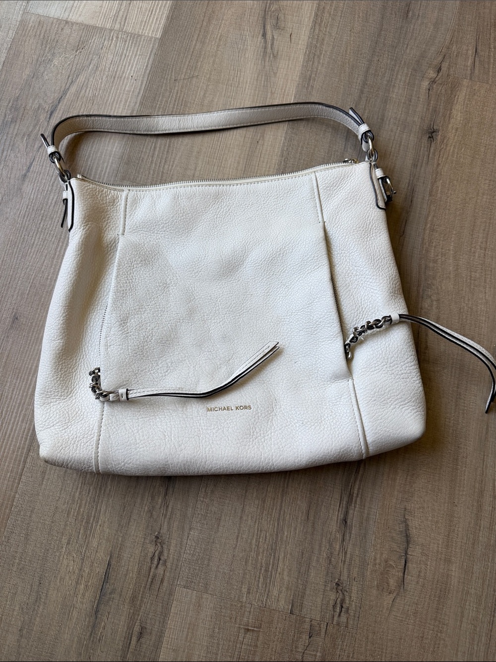 Michael Kors Corinne Large Cream Pebbled Leather Shoulder Bag with Chain Accents